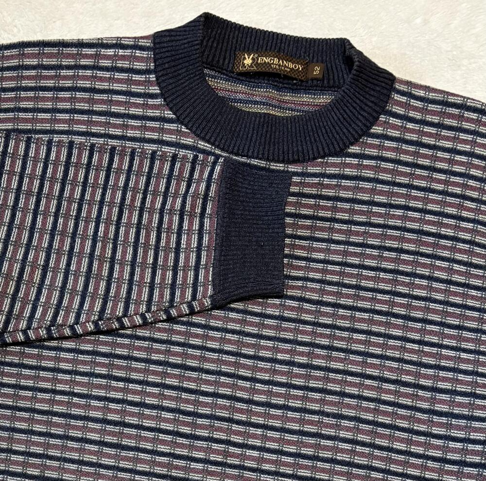 Engbanboy Sweater Mens 52 Blue Multicolor Stripe Knit Wool Blend Crewneck